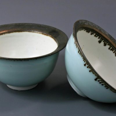 2 celadon and white small bowls with bronzed rims