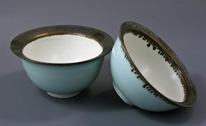 2 celadon and white small bowls with bronzed rims