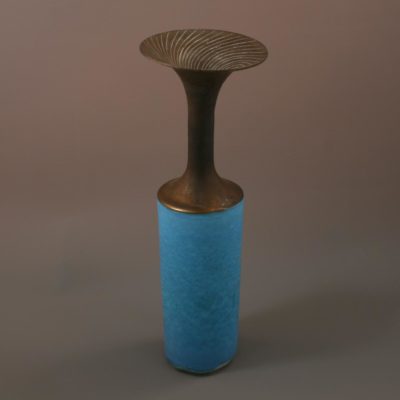 Blue straight-sided bottle with bronze sgraffito top