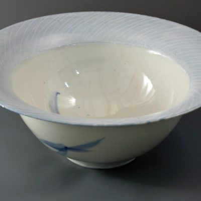 Large white bowl with scraffito and cobalt markings